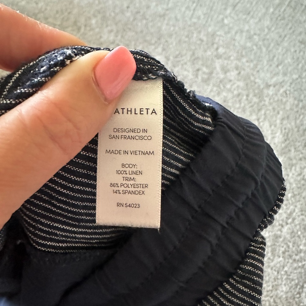 Athleta size 6 navy blue linen pants, white stripes, drawstring waist, pockets - Picture 7 of 8